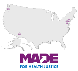 Map of U.S. with pins in participating MADE for Health Justice communities. MADE for Health Justice logo is at the bottom of the map.