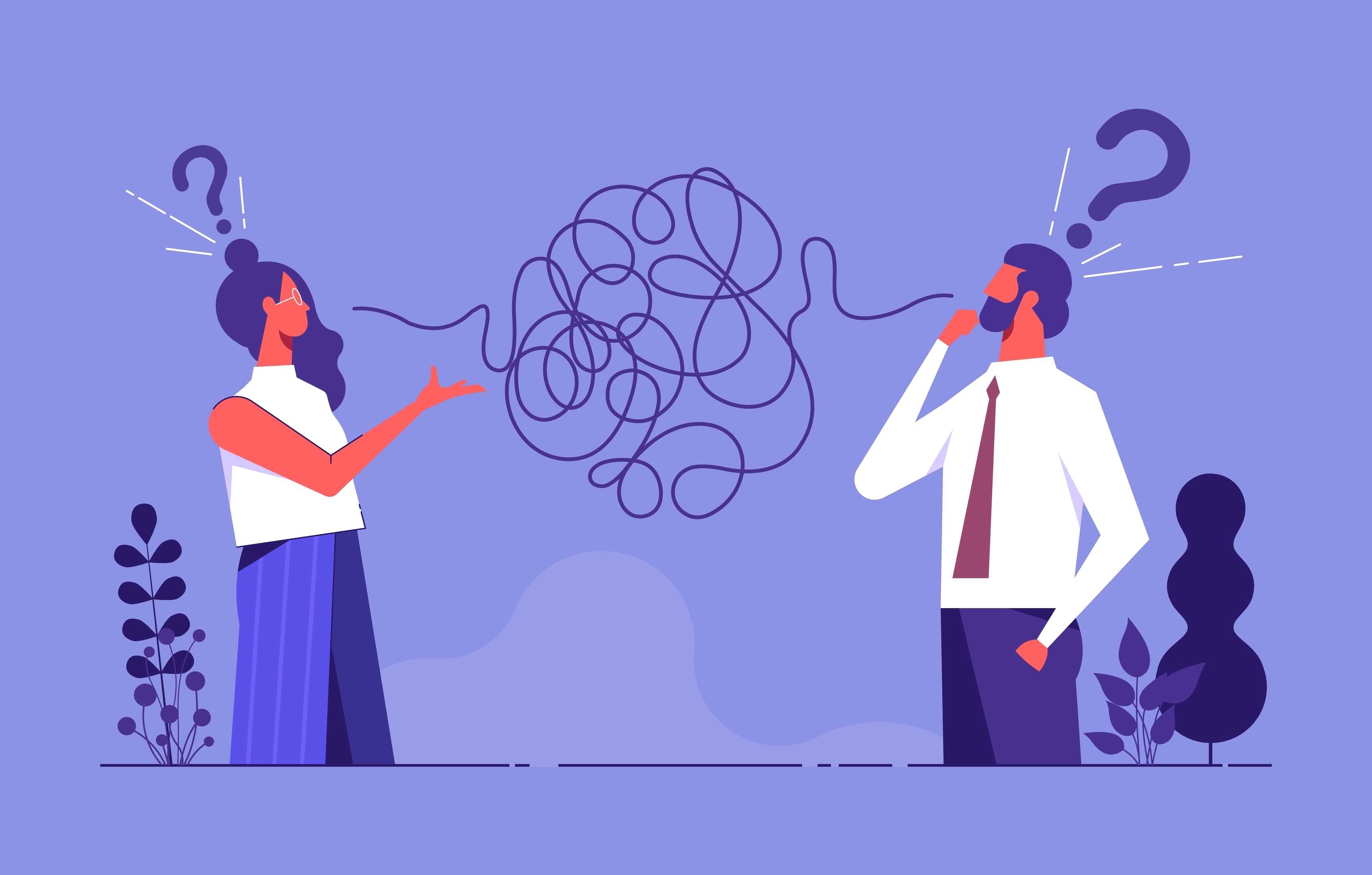 Illustration of two people talking set against a light purple background. They both have question marks above their heads. A line between them denoting communication turns into a tangled ball hovering between them.