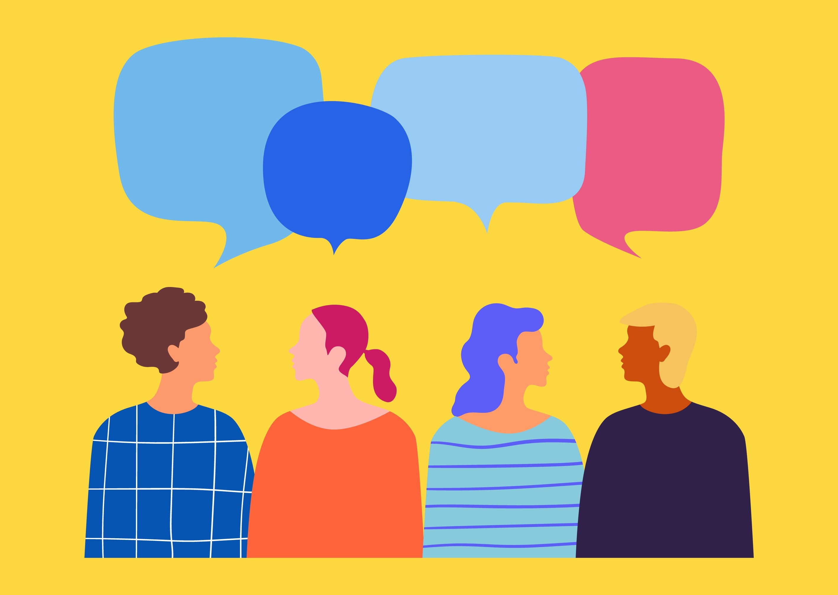 Illustration of four people talking, represented by speech bubbles of different sizes floating above them.