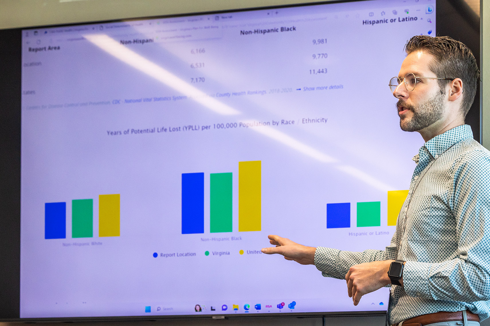 A man stands to the right of a PowerPoint presentation showing life expectancy rates across racial groups.