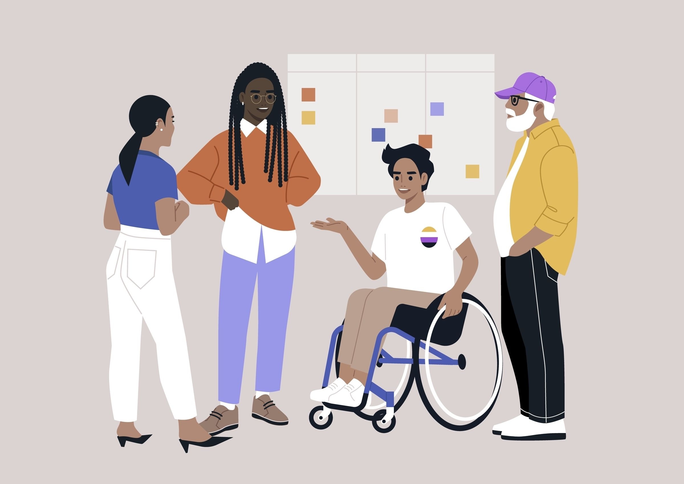 Illustration of four people in conversation in front of a board with notes attached to it. The person in the wheelchair speaks while the others listen.