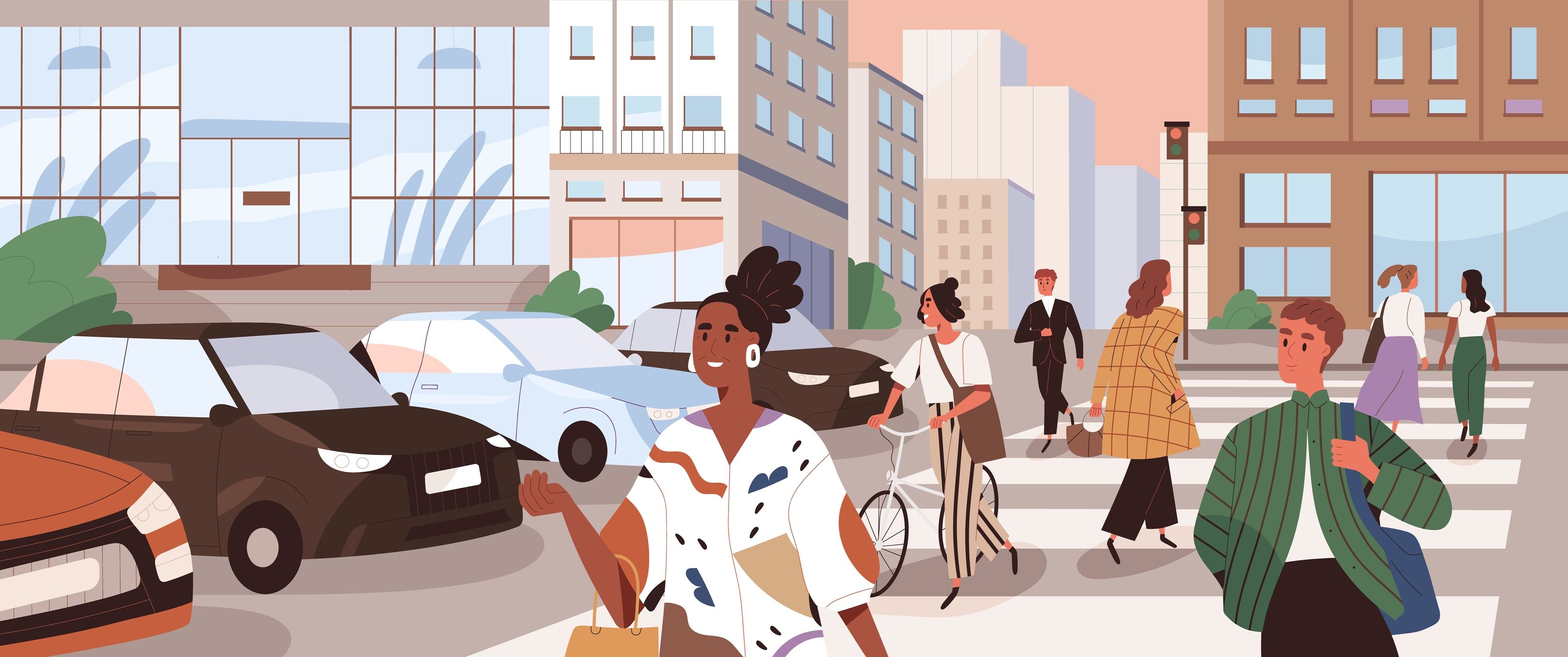 Illustration of people walking in a crosswalk, with four cars stopped at a red light. Tall buildings are in the background. The woman closest to the foreground smiles while carrying a shopping bag.