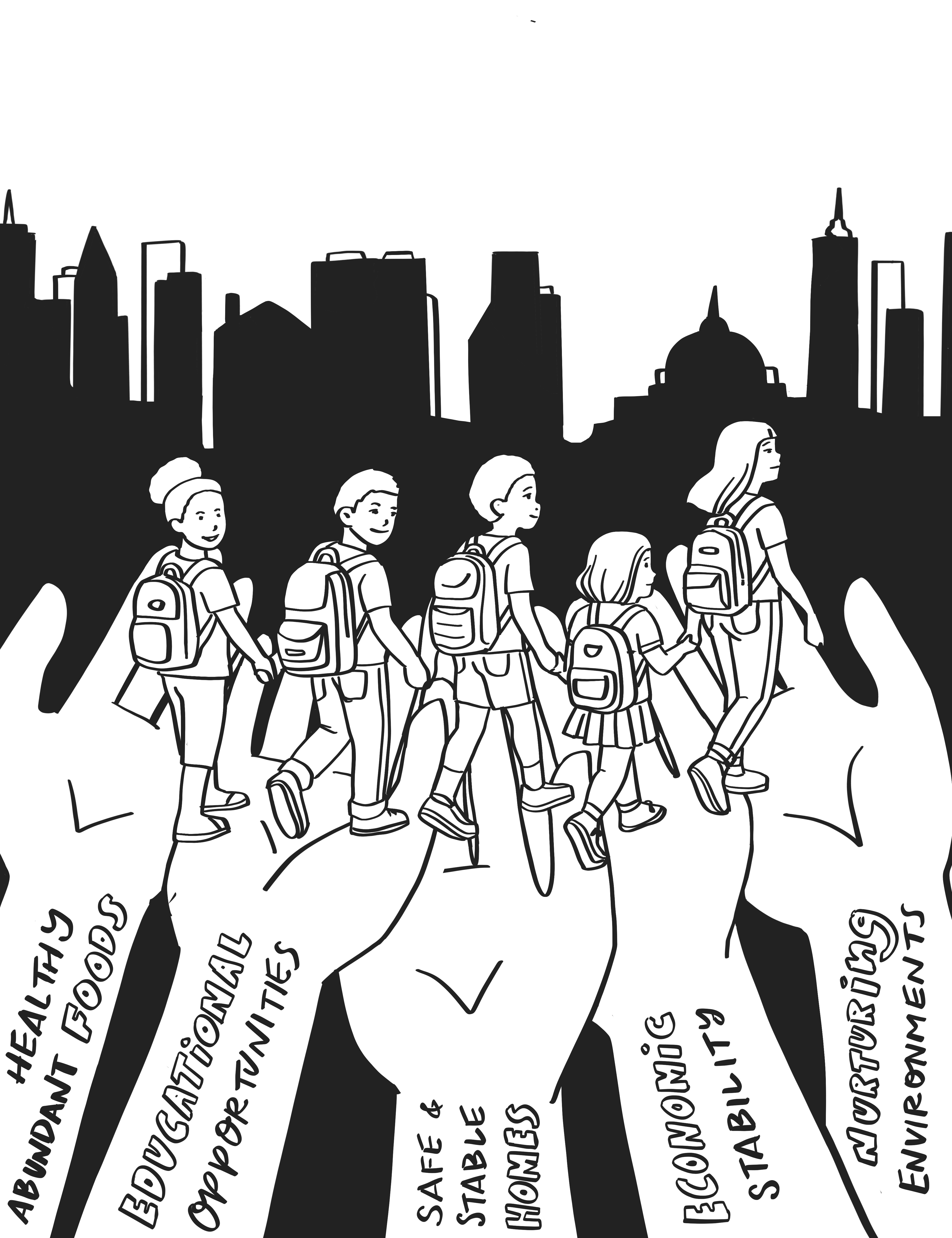 Illustration of children wearing backpacks walking on hands. The wrist of each hand has a phrase representing aspects of health equity.
