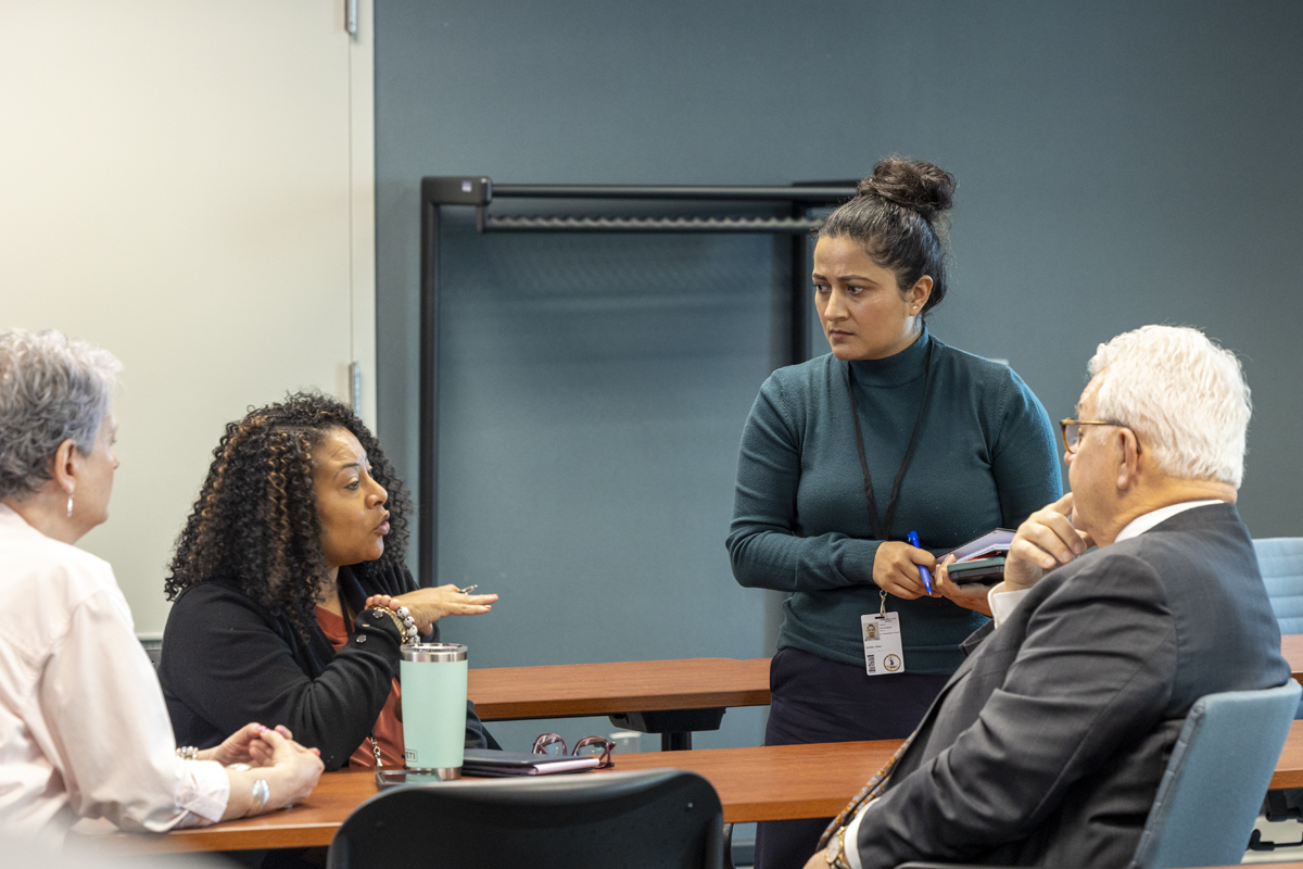 A group of people talking at a conference table. One person is standing.